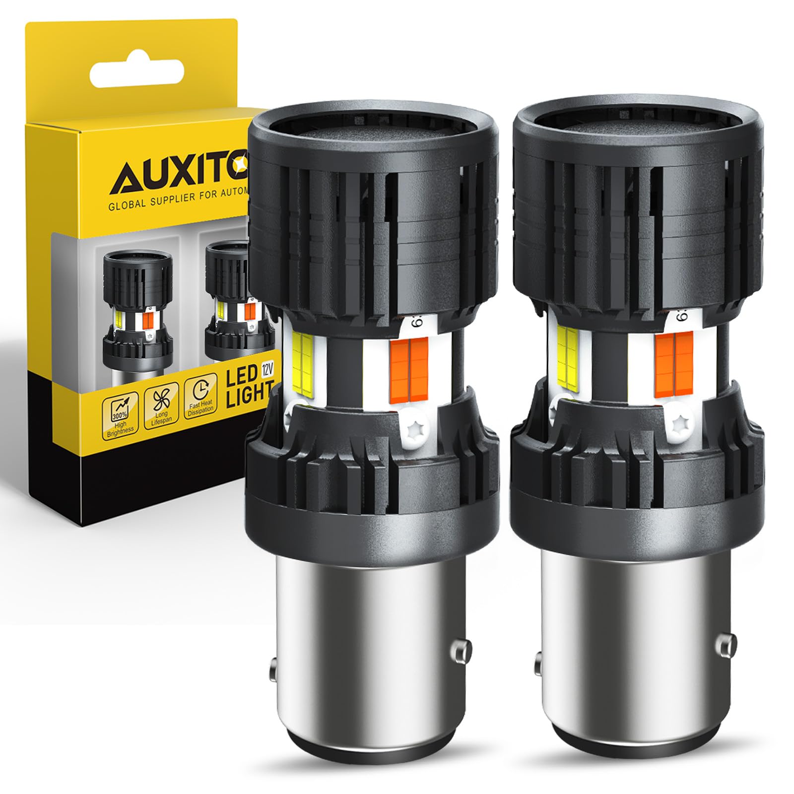 Auxito 1157 switchback bulbs side view showing amber and white for clear signaling