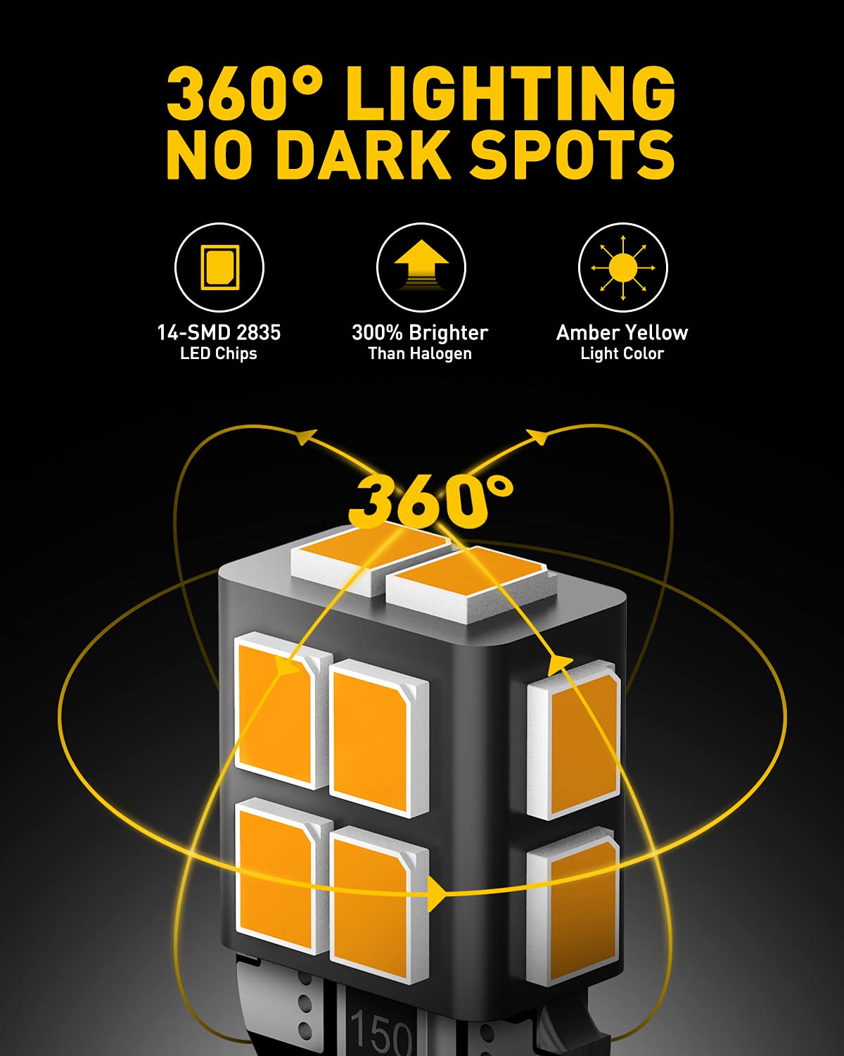 AUXITO 194 amber yellow LED bulb delivering 360-degree illumination for no dark spots