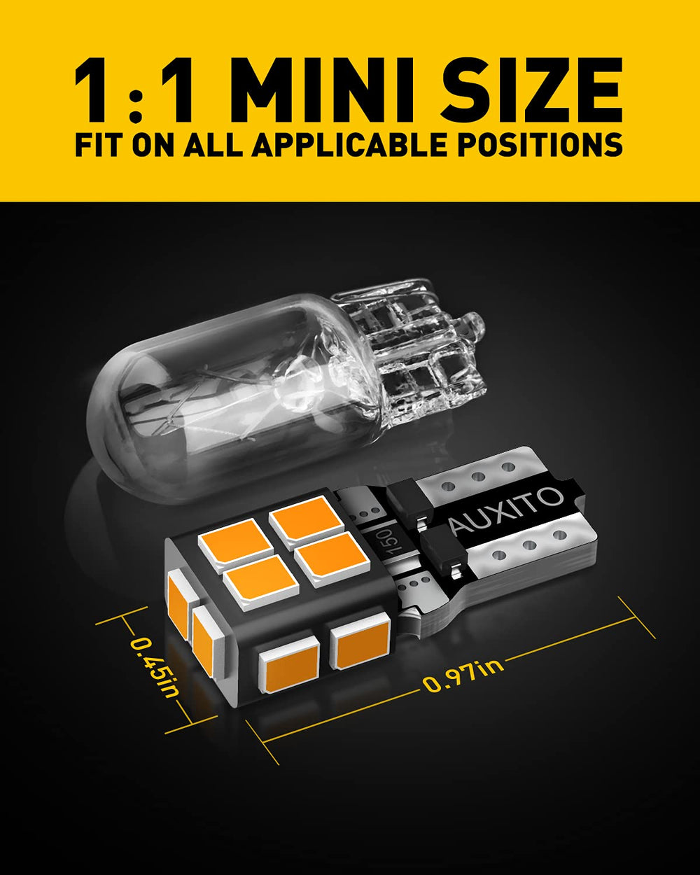 AUXITO 194 amber yellow LEDs with low energy use of 1.2W per bulb