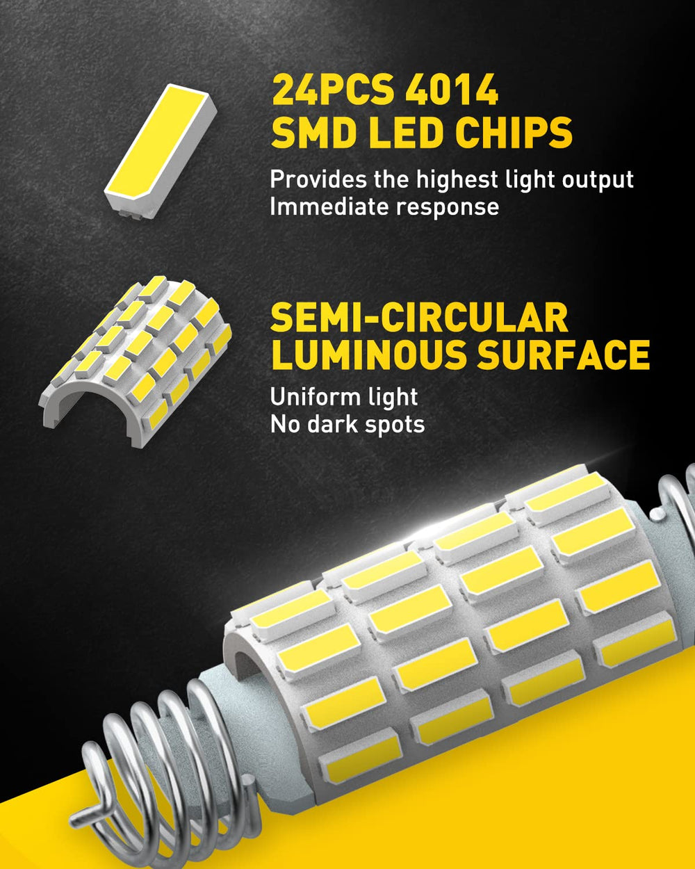 Auxito 212-2 LED bulbs with aluminum heat sink for longer lifespan.