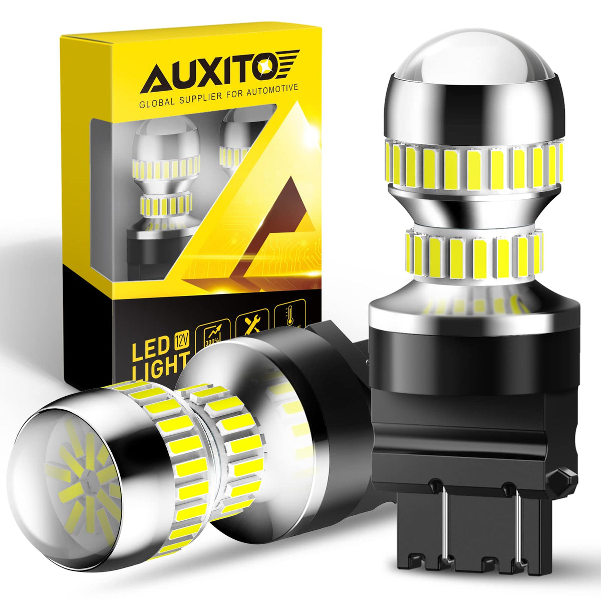 AUXITO 3157 LED bulb front view demonstrates compact design for easy replacement.