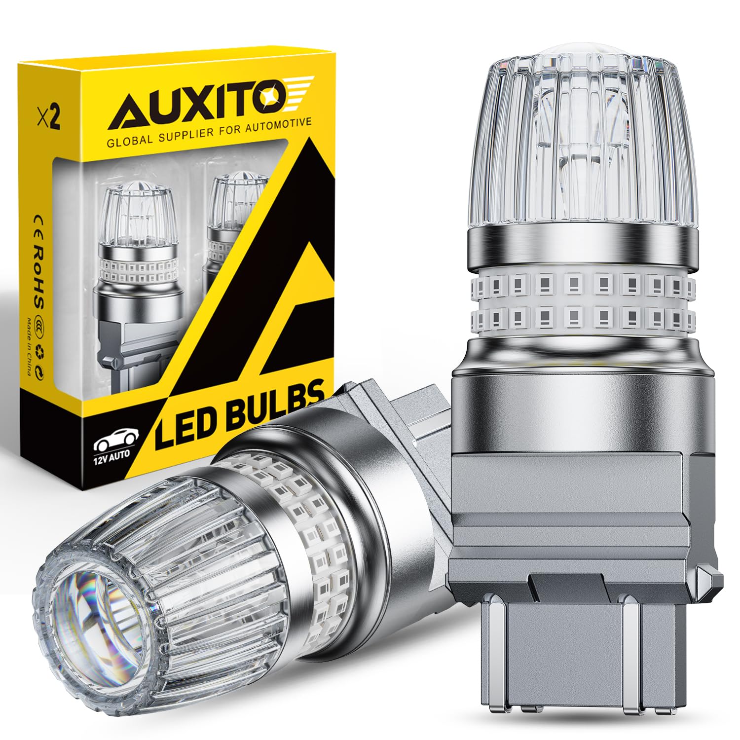 Auxito 3157 LED bulbs with projector red lens for clear exterior signaling.