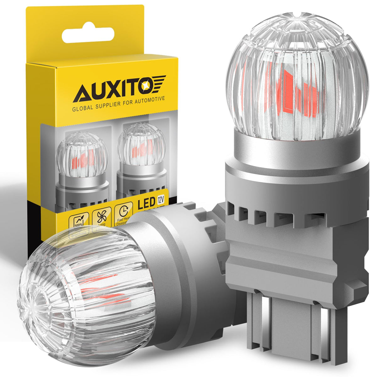AUXITO 3157 red LED bulb close-up, highlighting bright brake light pattern.