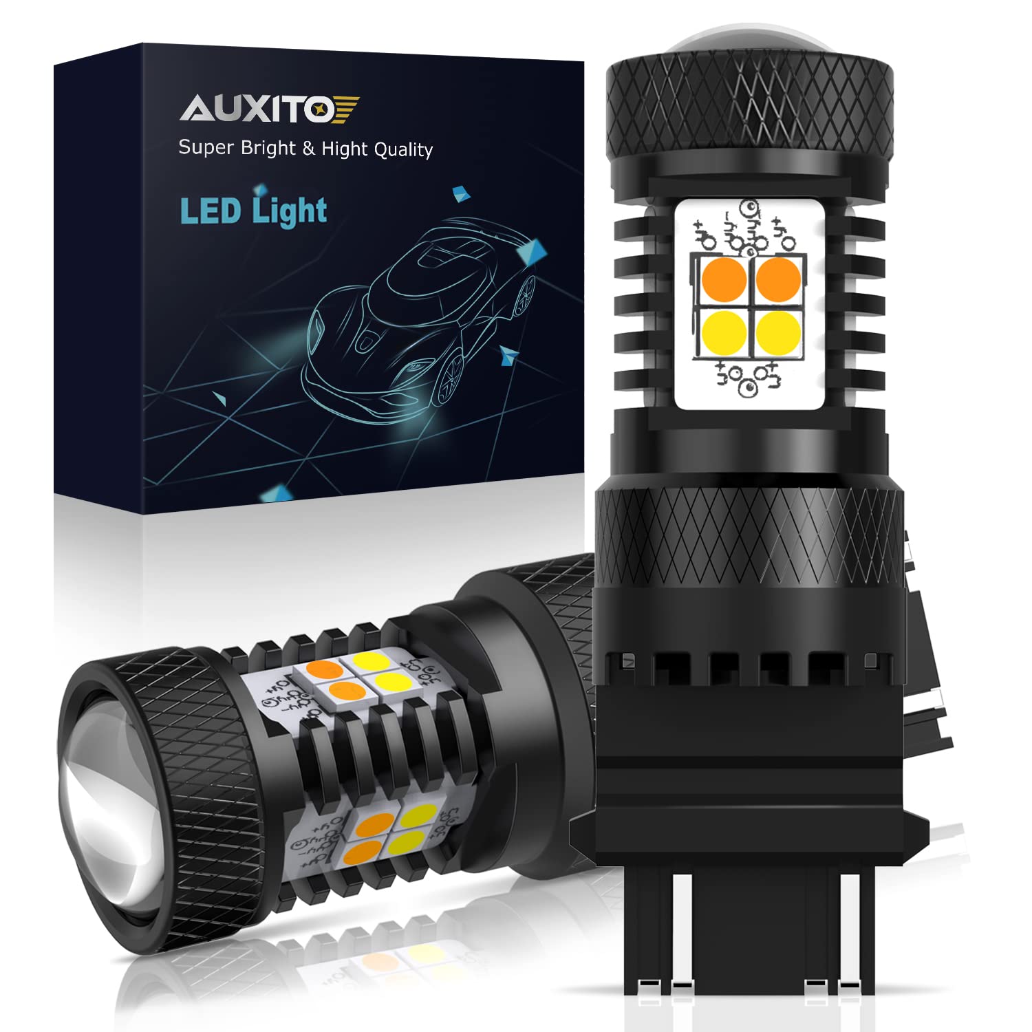 AUXITO 3157 switchback amber turn signal bulb showing bright amber signaling for safer lane changes.