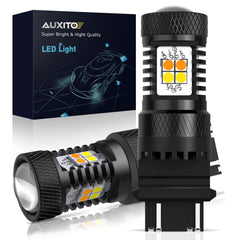AUXITO 3157 switchback amber turn signal bulb showing bright amber signaling for safer lane changes.