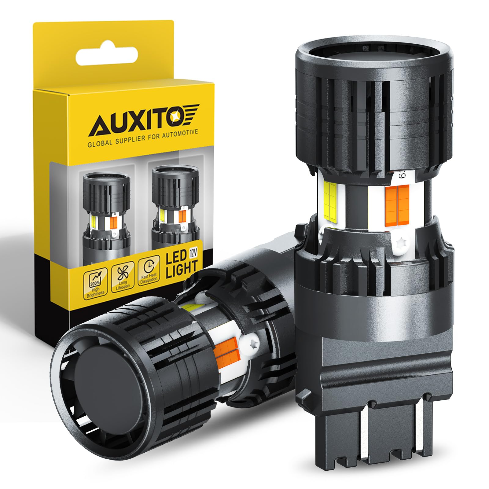 AUXITO 3157 switchback bulbs show amber and white dual colors for clear signaling.