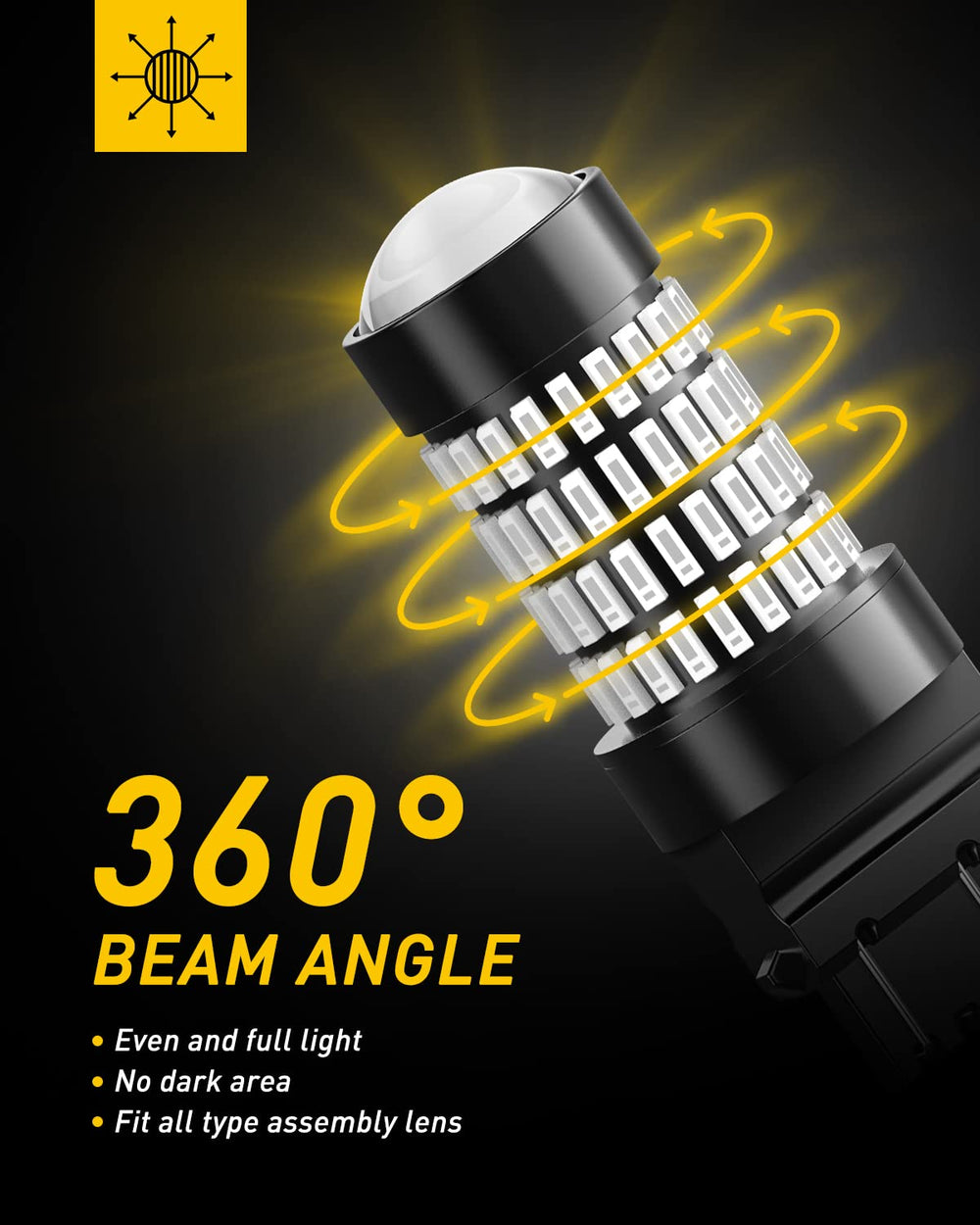 AUXITO 360-degree red LED bulbs for even tail-light illumination.