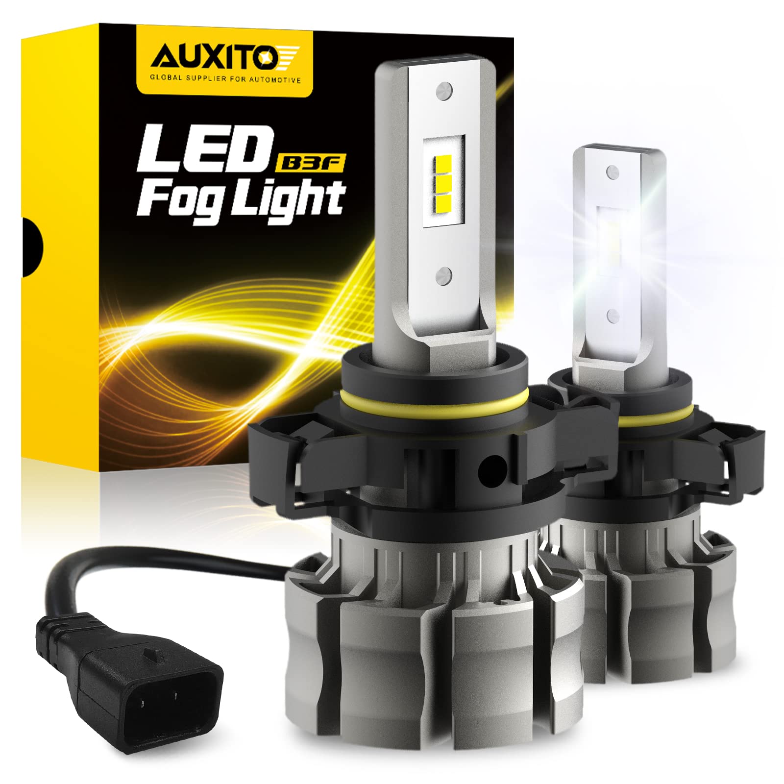 AUXITO 5202 LED fog light bulbs with 360-degree beam design for full road coverage.