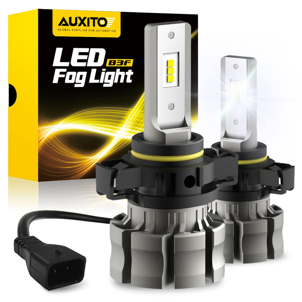 AUXITO 5202 LED fog light bulbs with 360-degree beam design for full road coverage.