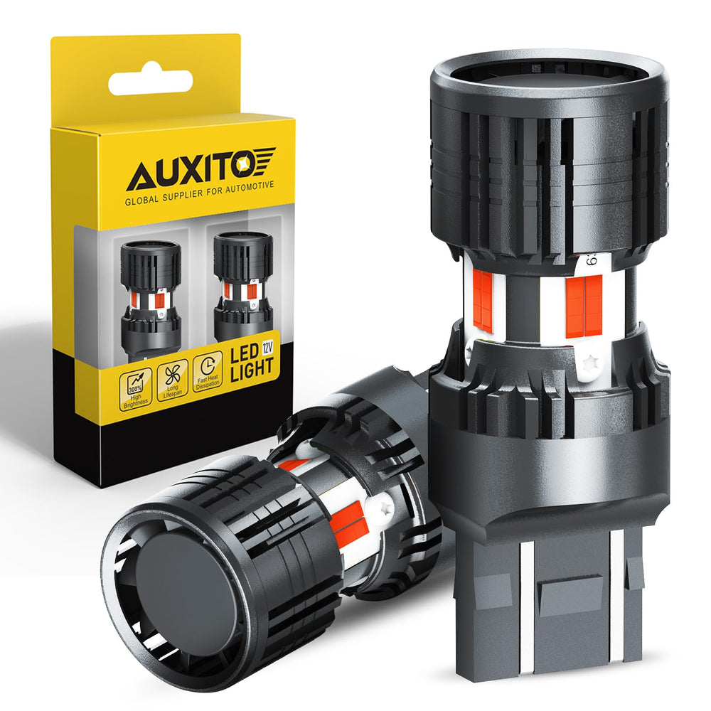 AUXITO 7443 red LED bulbs close-up showing high brightness for braking