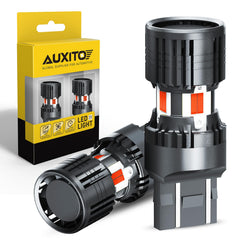 AUXITO 7443 red LED bulbs close-up showing high brightness for braking