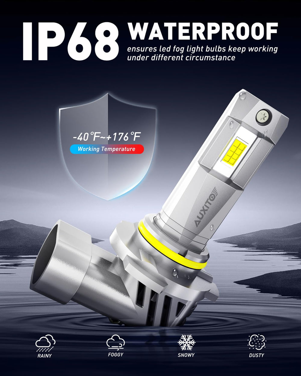 AUXITO canbus-ip68 bulbs resist flicker and weather for year-round use