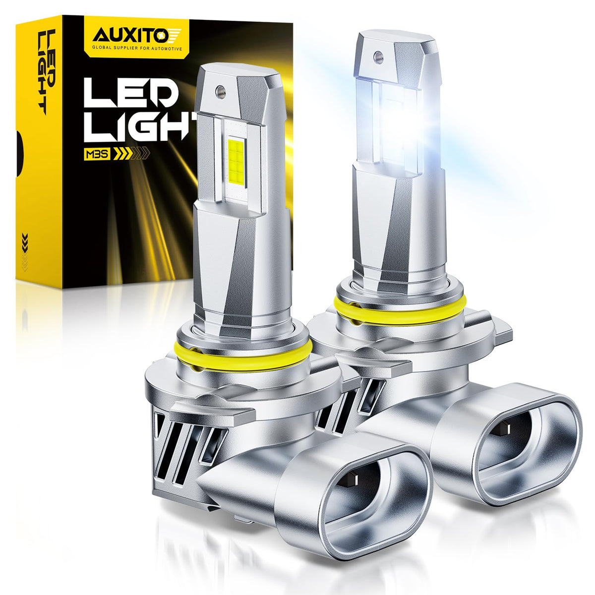 AUXITO 9005 HB3 LED bulbs front view showcasing bright, broad beam for safer night driving
