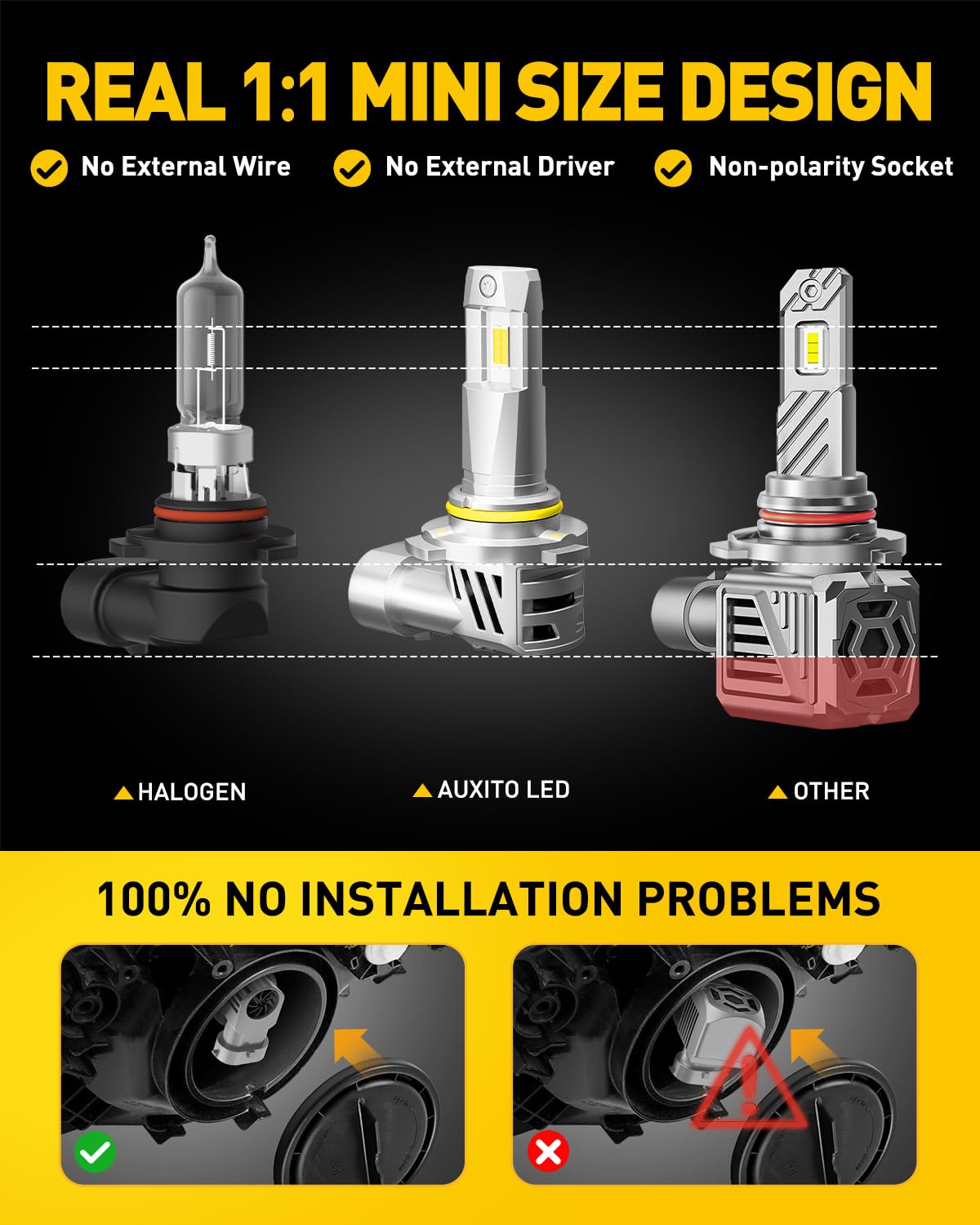 AUXITO 9005 bulbs plug-and-play fit with OEM alignment for easy install