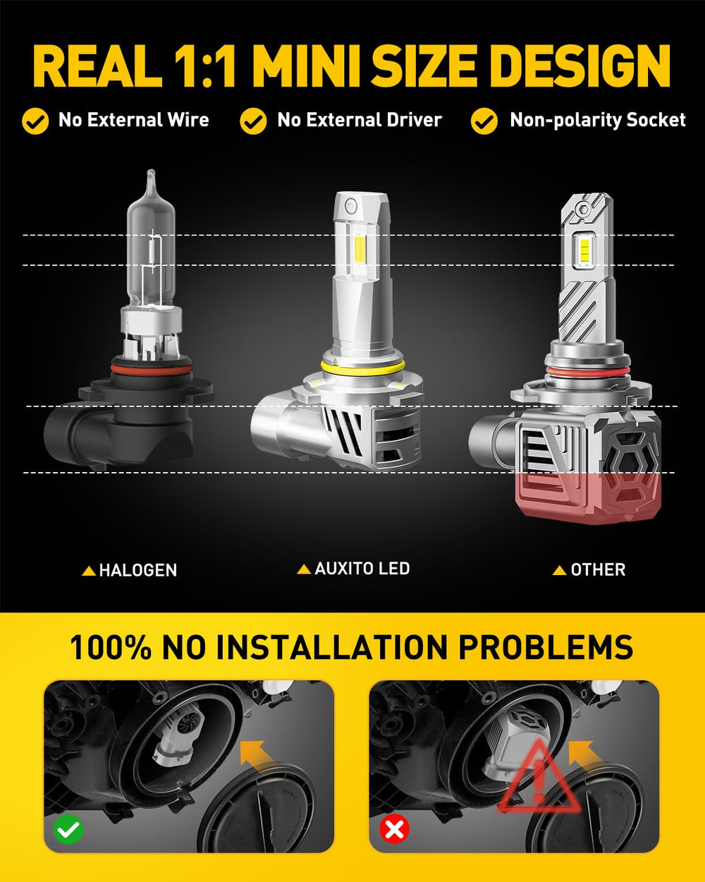 AUXITO 9005 bulbs plug-and-play fit with OEM alignment for easy install