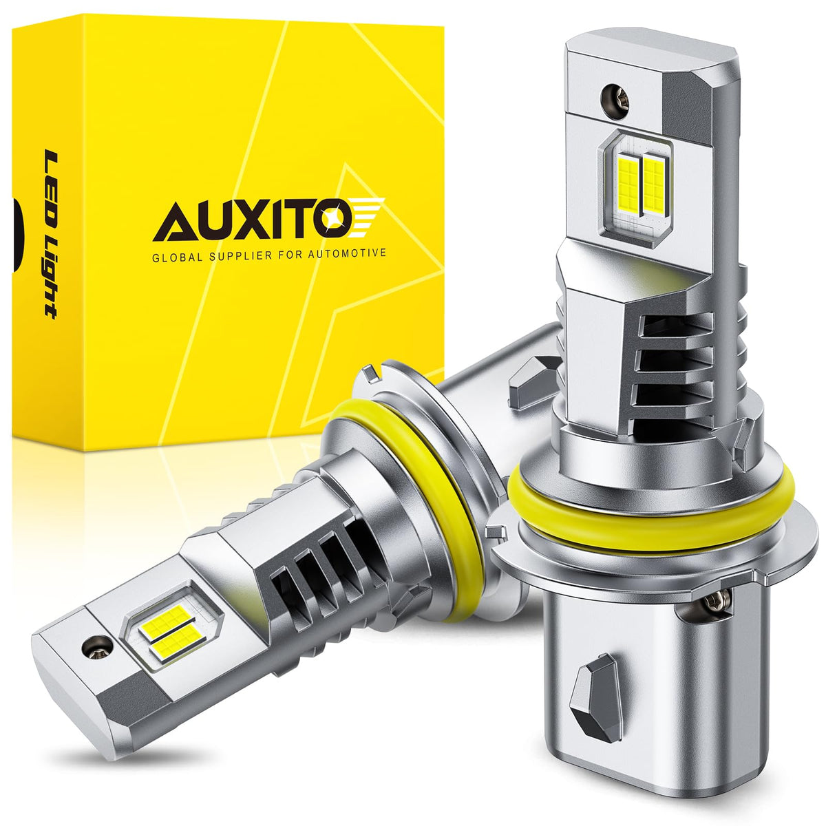 AUXITO 9007 LED bulbs combo pack in packaging for easy replacement.