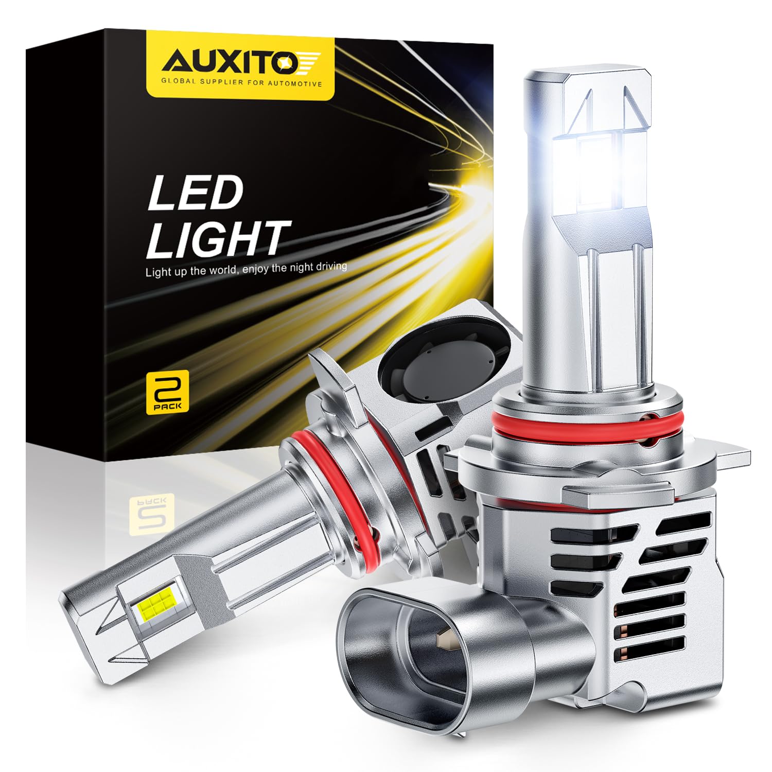 AUXITO 9012 bulb front view showing 6500K daylight-like light for safer night driving.