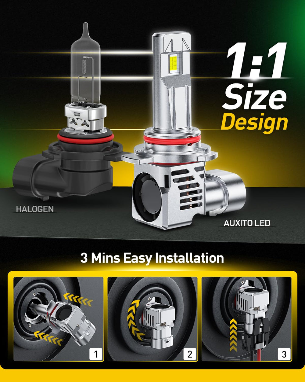 AUXITO 9012 bulb seated in headlight housing with even spread and crisp cutoff.