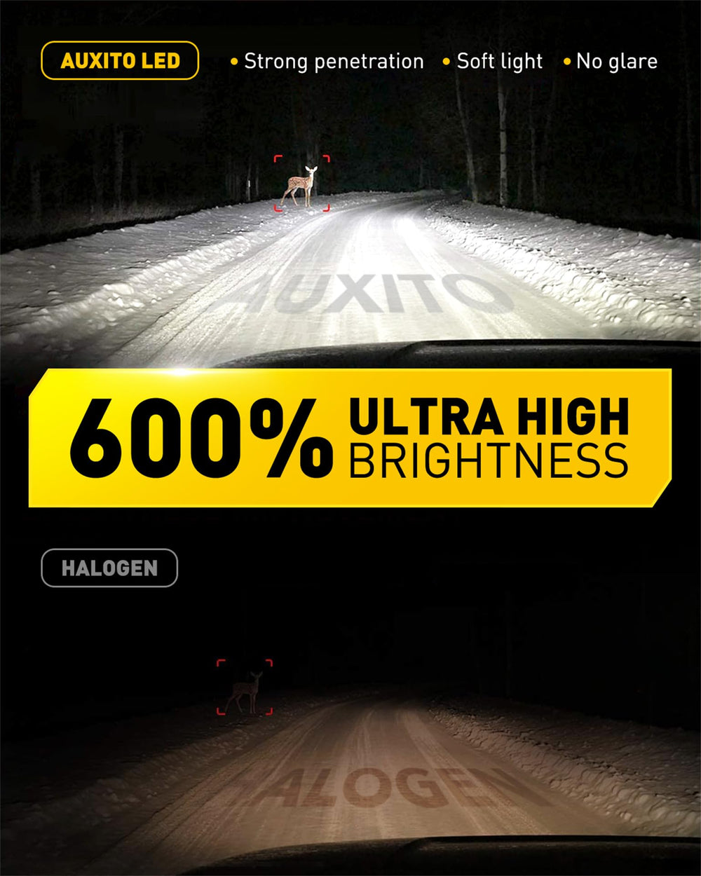 AUXITO 9145/9140/H10 beam pattern shows 360 degree coverage and reduced glare