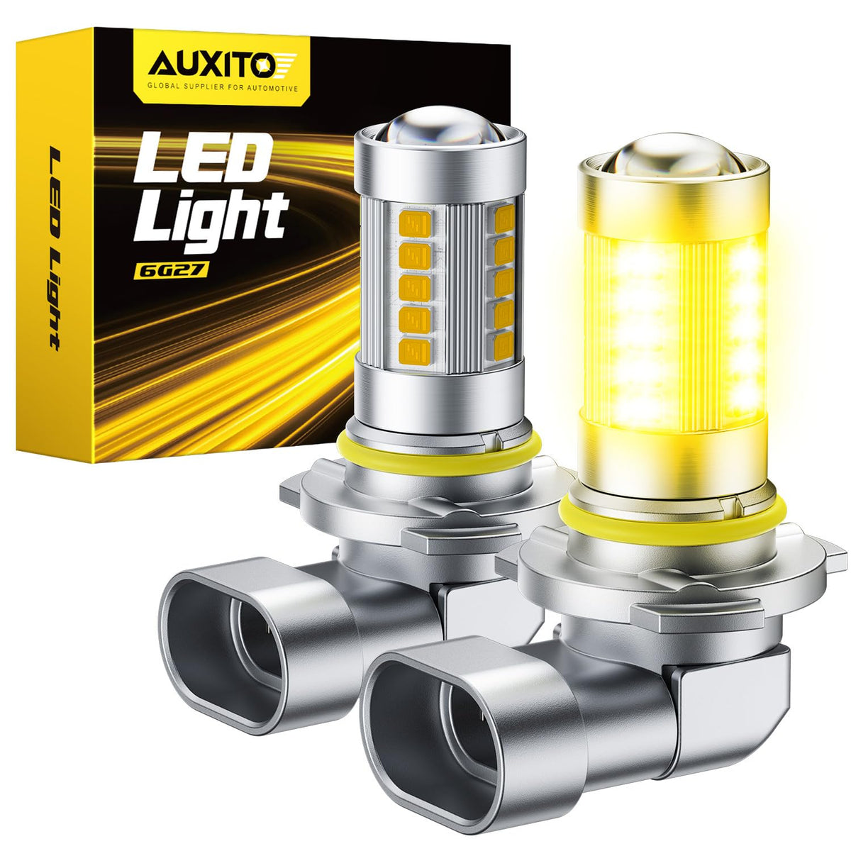 AUXITO 9145 amber yellow fog light bulb delivering bright 3000K visibility for foggy days