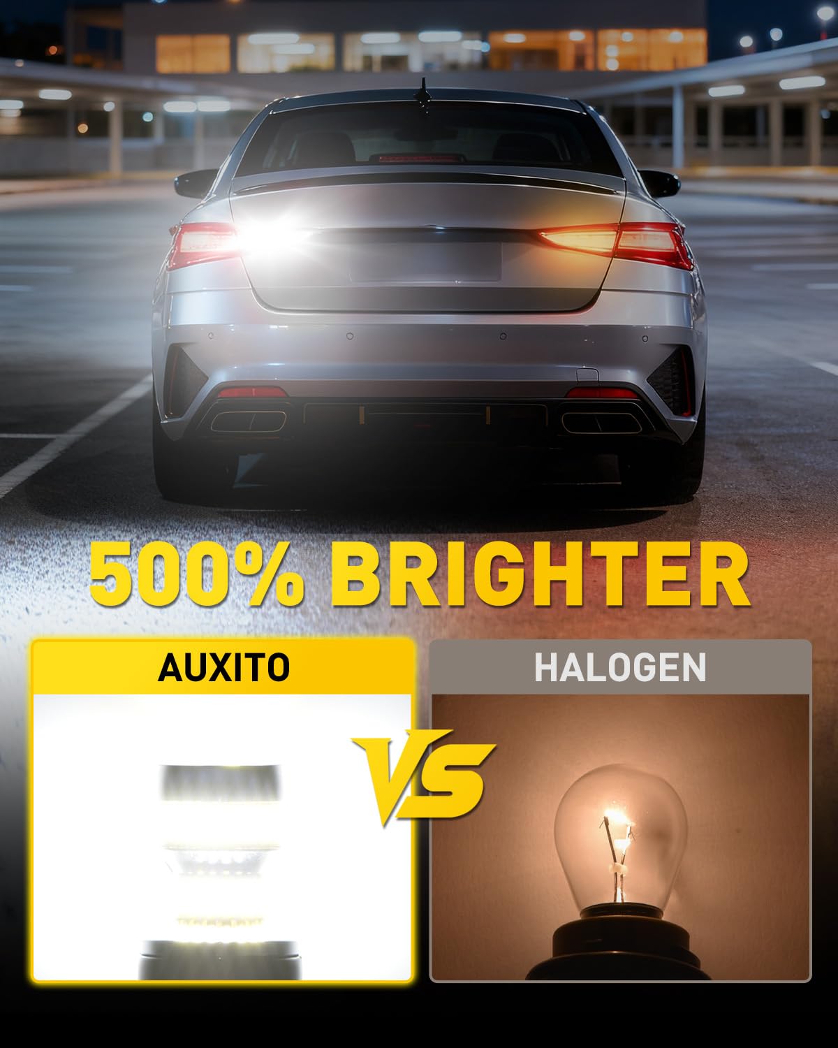 AUXITO 921 LED bulb emits 6000K daylight white for clear visibility behind your vehicle.