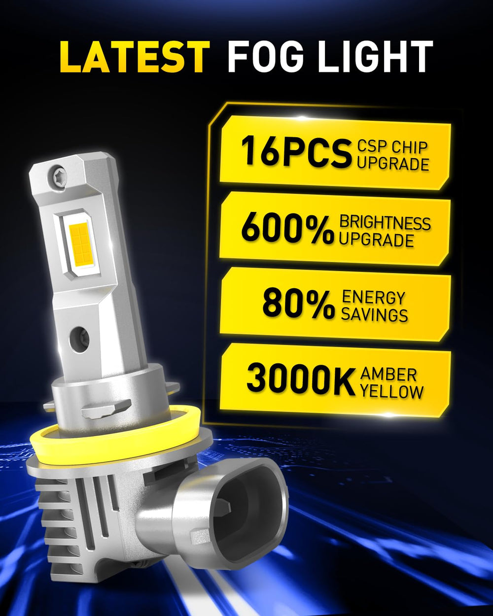 AUXITO amber 3000K LED fog lights provide clear visibility in fog and rain.