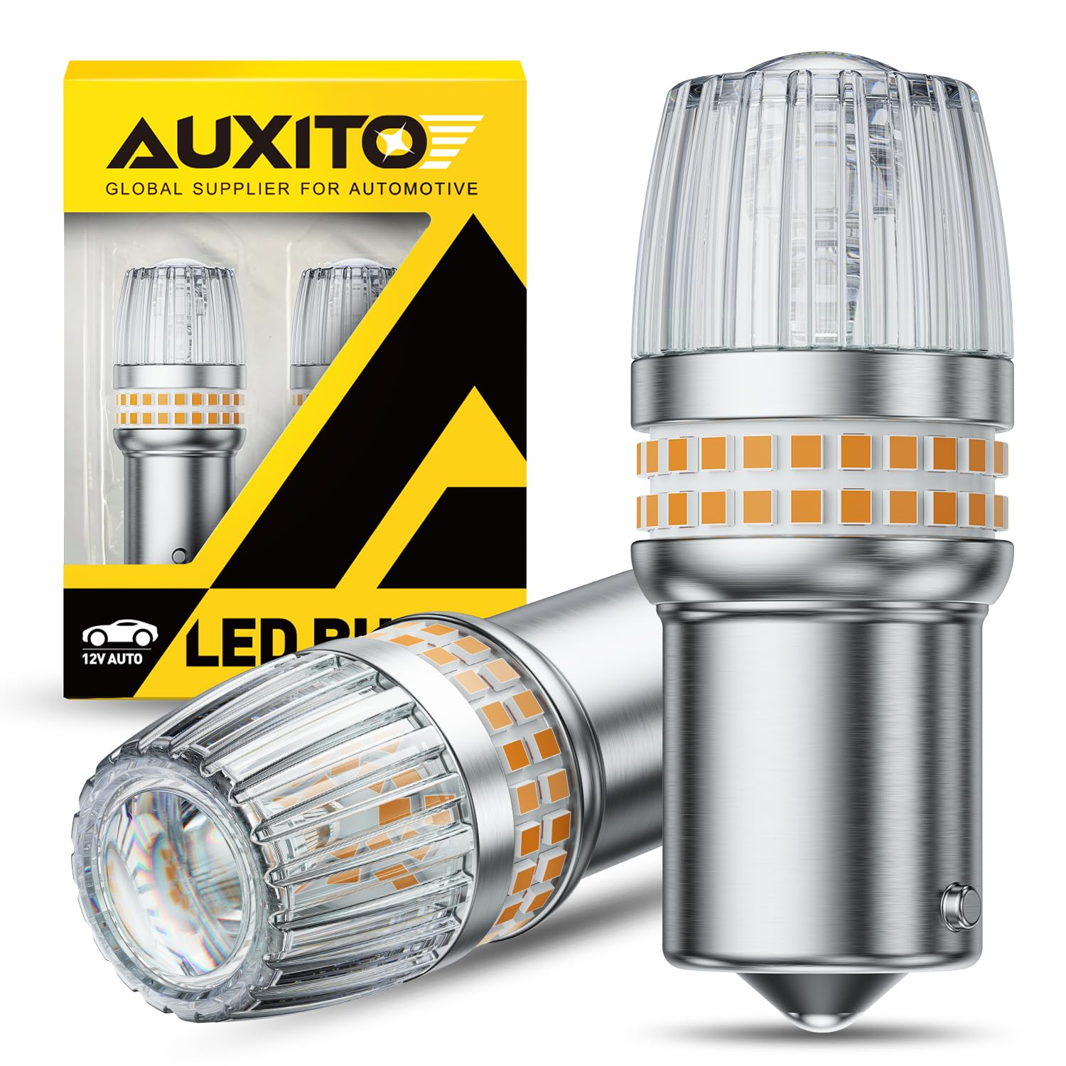 AUXITO amber-yellow 1156 turn-signal bulb for improved signaling and visibility.