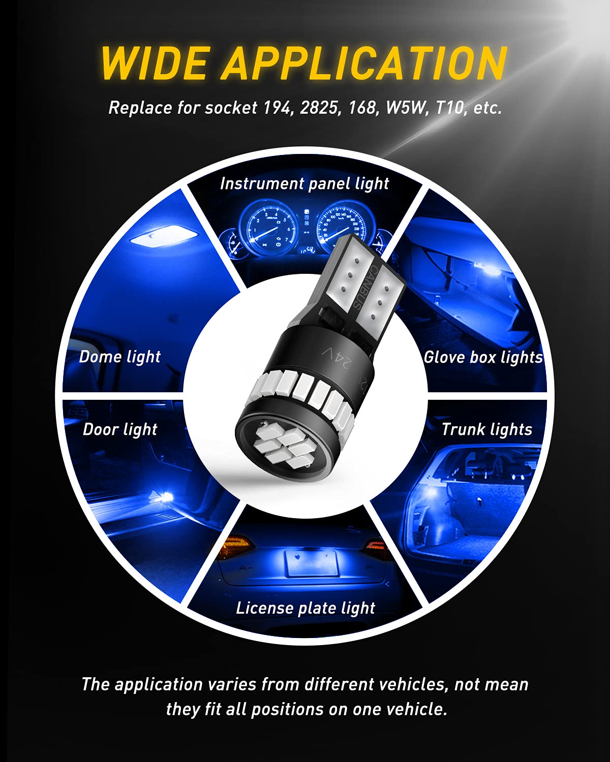 AUXITO blue 194 LED bulb illuminating the trunk cargo area for clarity