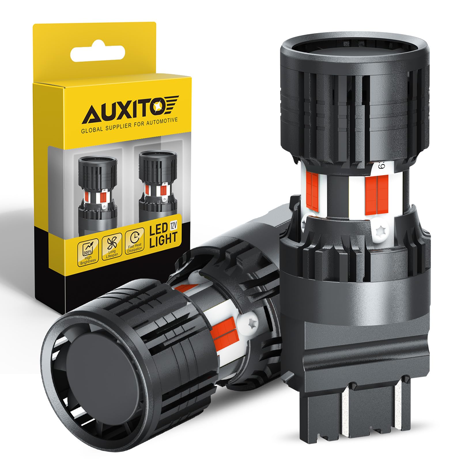 AUXITO CANBUS 3157 red LED bulb installed in car for high visibility