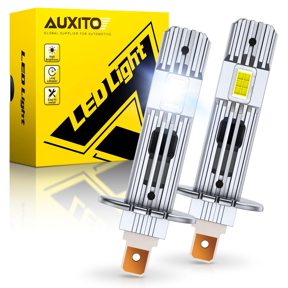 AUXITO H1 bulb 6500K ultra white delivers crisp road illumination for nighttime driving.