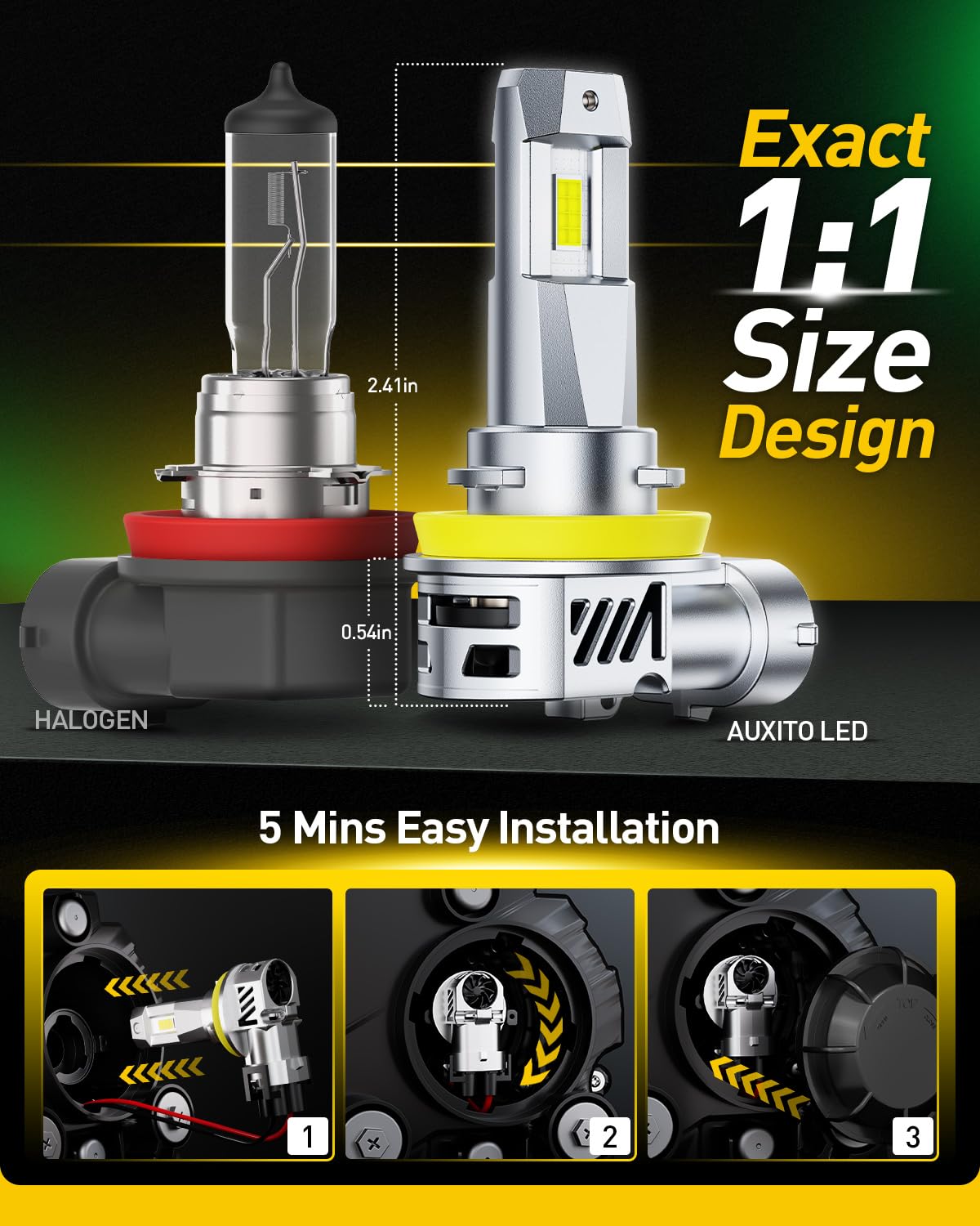 Auxito H11 bulb beam pattern demonstrates glare-free wide area visibility