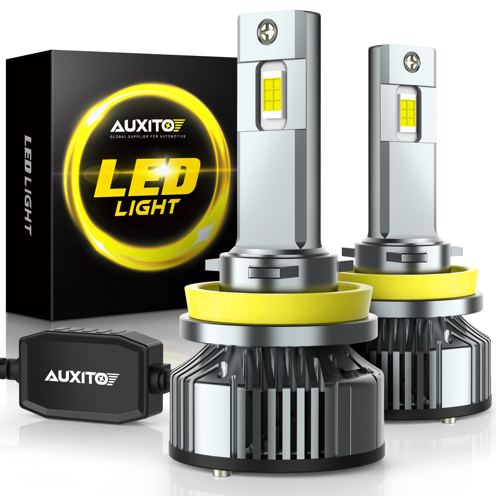 AUXITO H11 LED bulbs front view; compact plug-and-play fit.