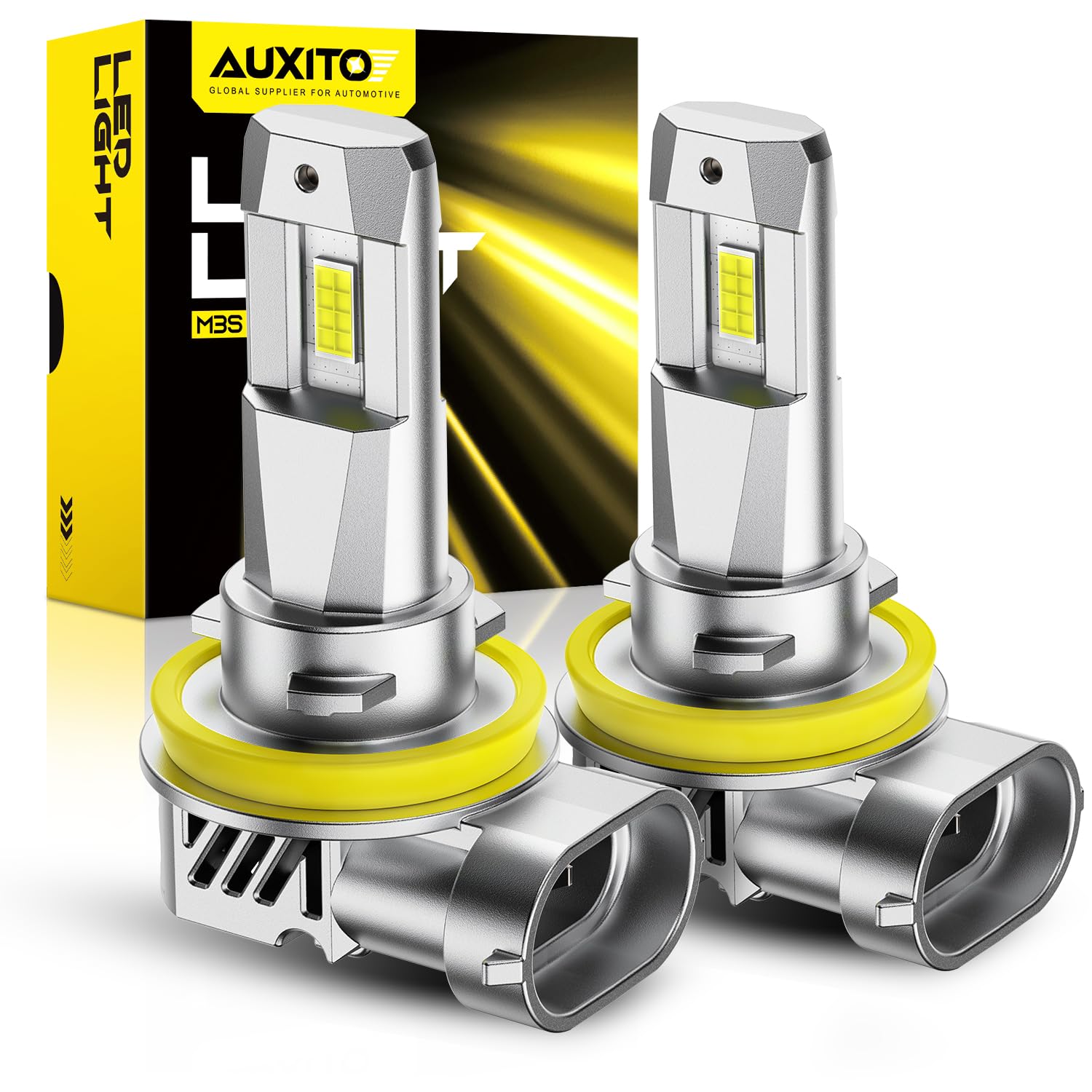 AUXITO H11 LED bulbs pack front view for easy replacement and brighter night visibility.
