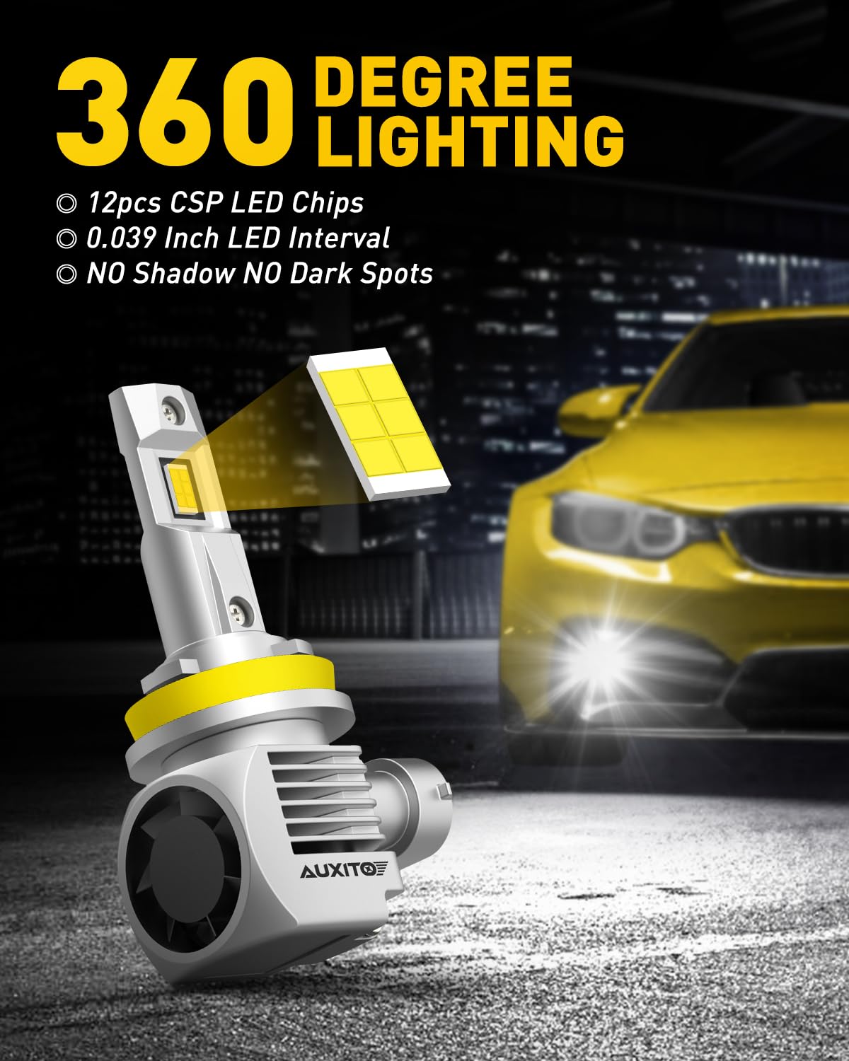 AUXITO H11 LED bulbs side angle revealing sleek profile and cooling fins