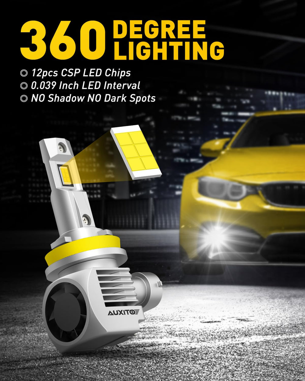 AUXITO H11 LED bulbs side angle revealing sleek profile and cooling fins