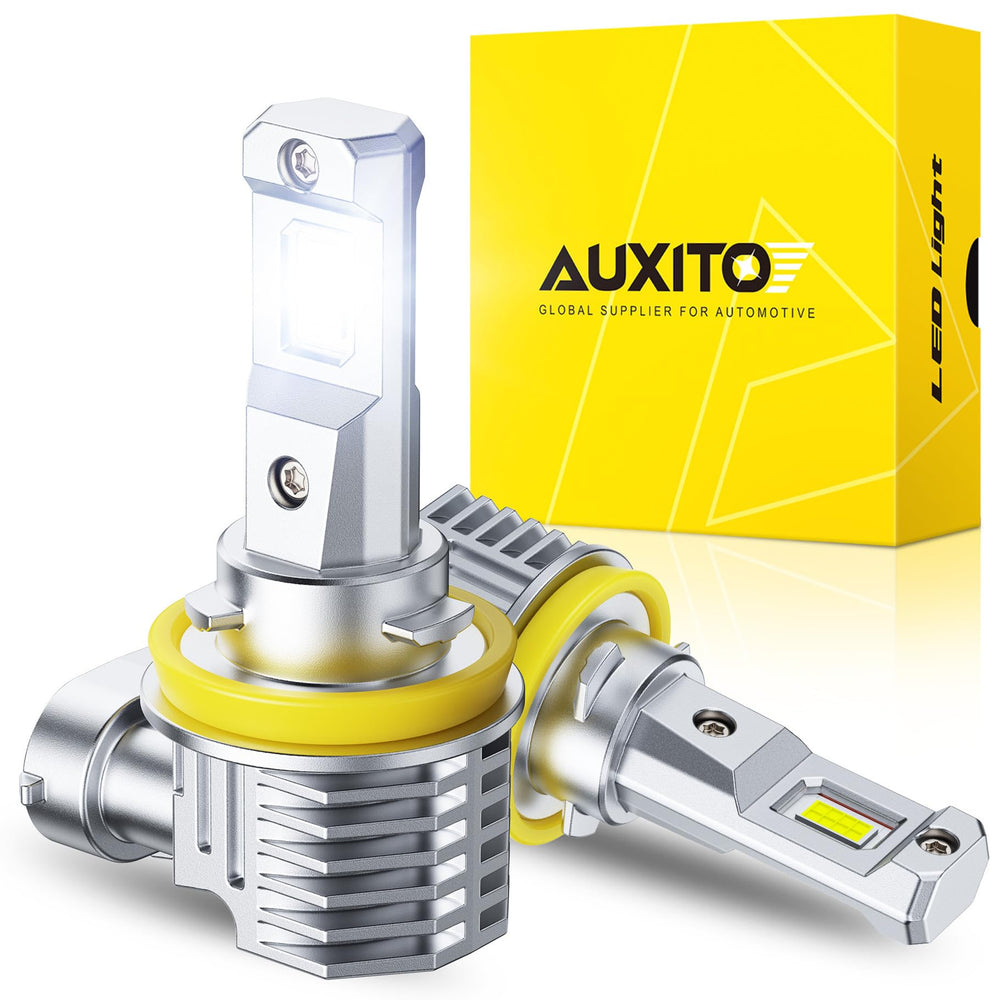 AUXITO H11 LED fog light closeup shows CSP chip for brighter nighttime visibility.