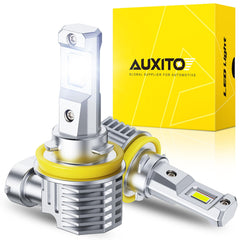 AUXITO H11 LED fog light closeup shows CSP chip for brighter nighttime visibility.