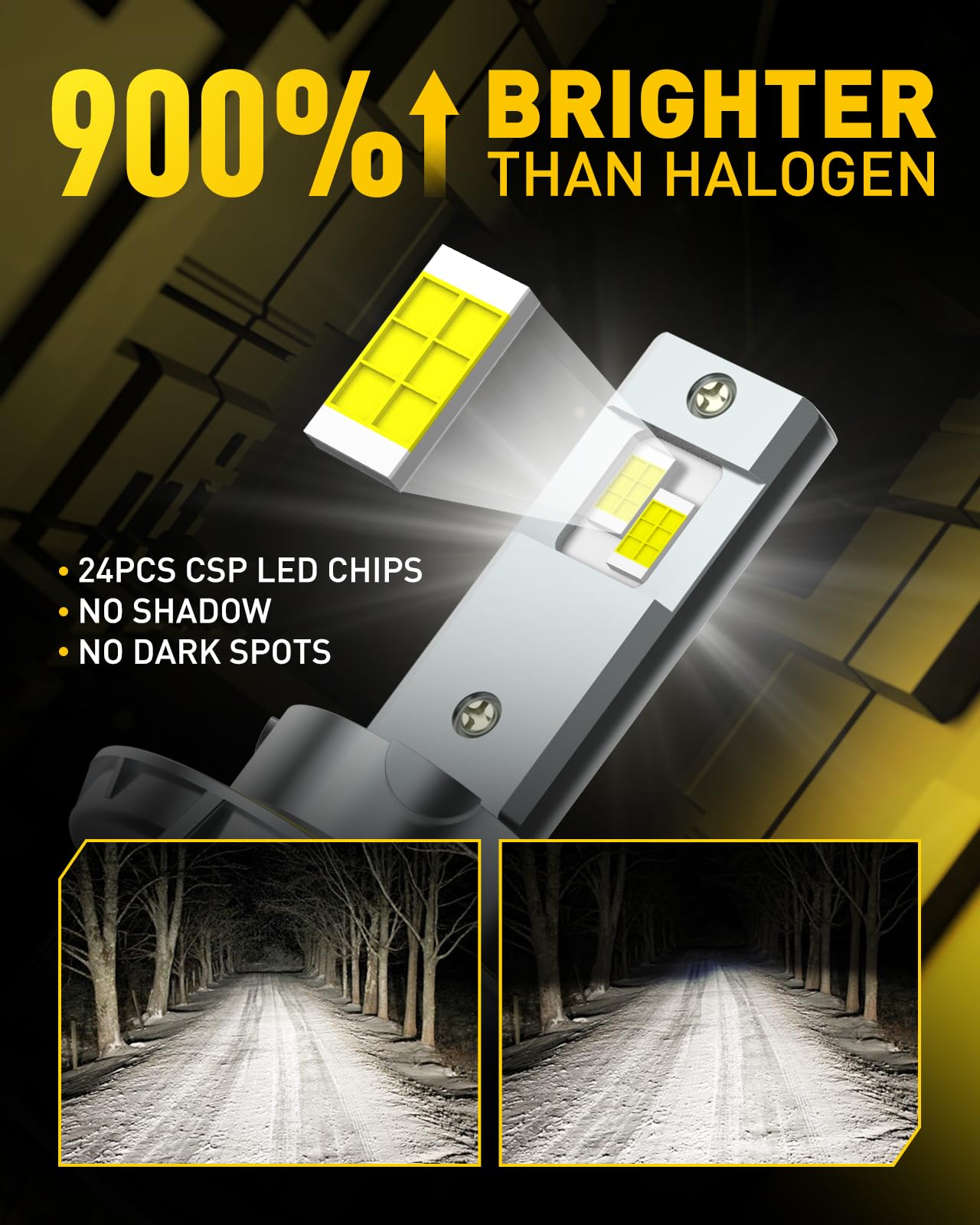Auxito H13 LED bulbs illuminated beam pattern on road for quick hazard recognition