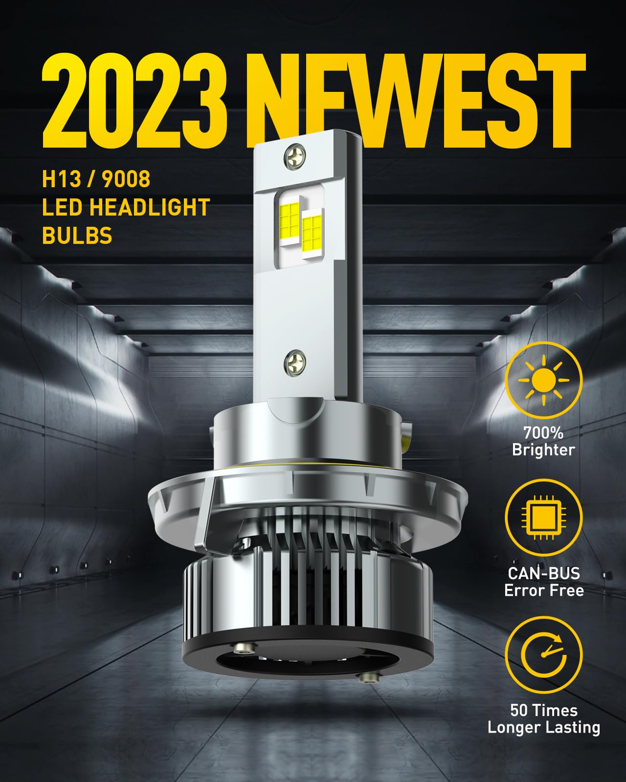 Auxito H13 LED bulbs technical specs graphic highlighting 6500K and lumen output
