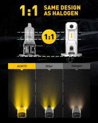 Plug-and-play setup shown for Auxito H3 fog light bulb without rewiring