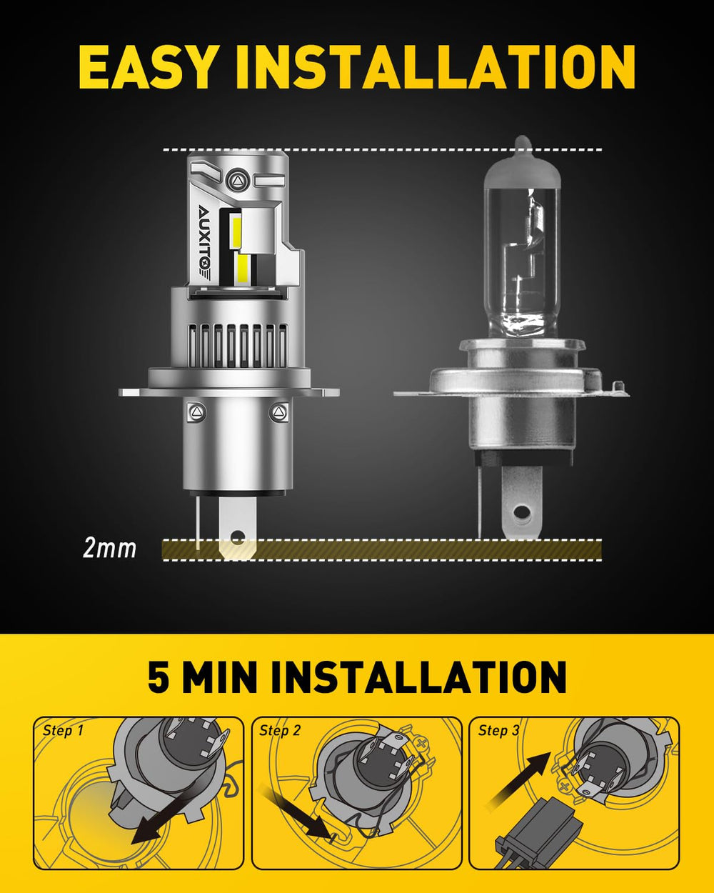 AUXITO plug-and-play H4/9003 bulbs install in minutes for easy upgrades