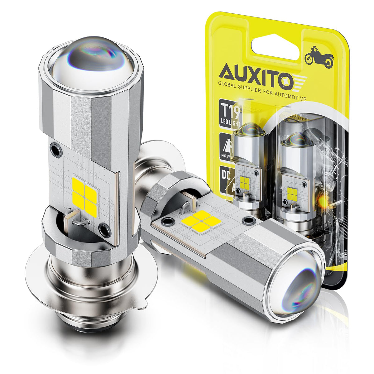 AUXITO H6M P15D two-pack bulbs for motorcycle lighting and improved night visibility.