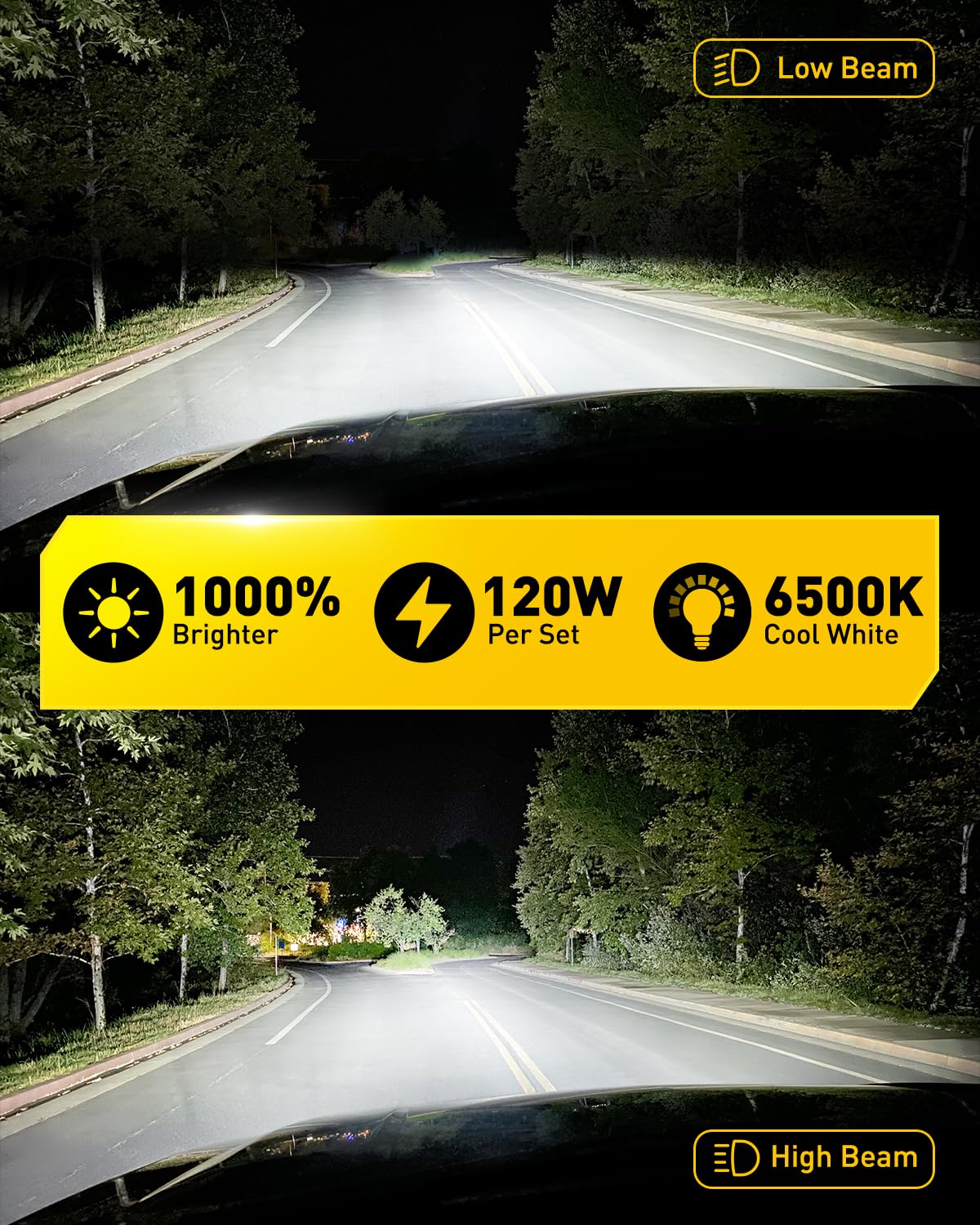 AUXITO H7 bulb emitting 6500K white illumination for clear road perception.
