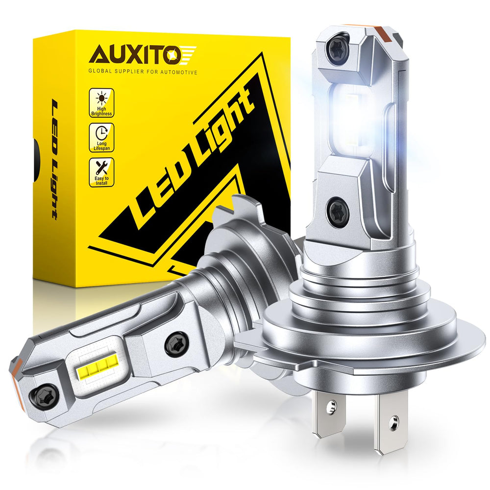 AUXITO H7 bulb close-up highlighting quality construction for reliable nighttime visibility.
