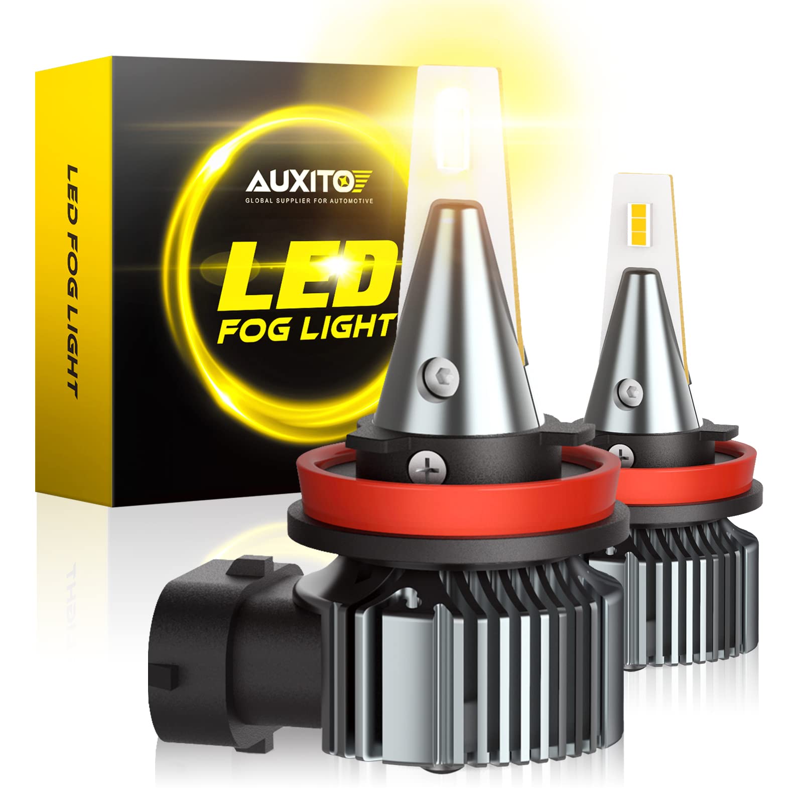 AUXITO H8/H11/H16 amber fog light glow improves visibility in foggy conditions.