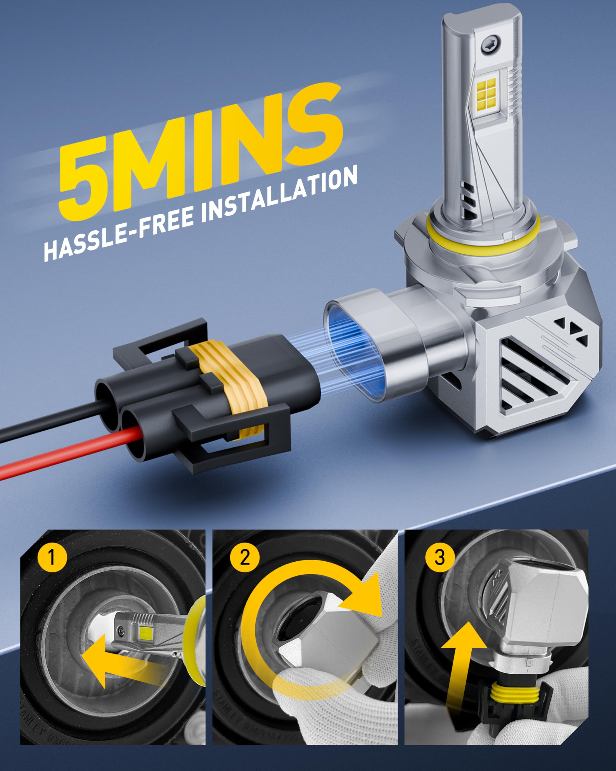 AUXITO HB3 LED bulbs 1-to-1 fit for easy DIY installation without tools.