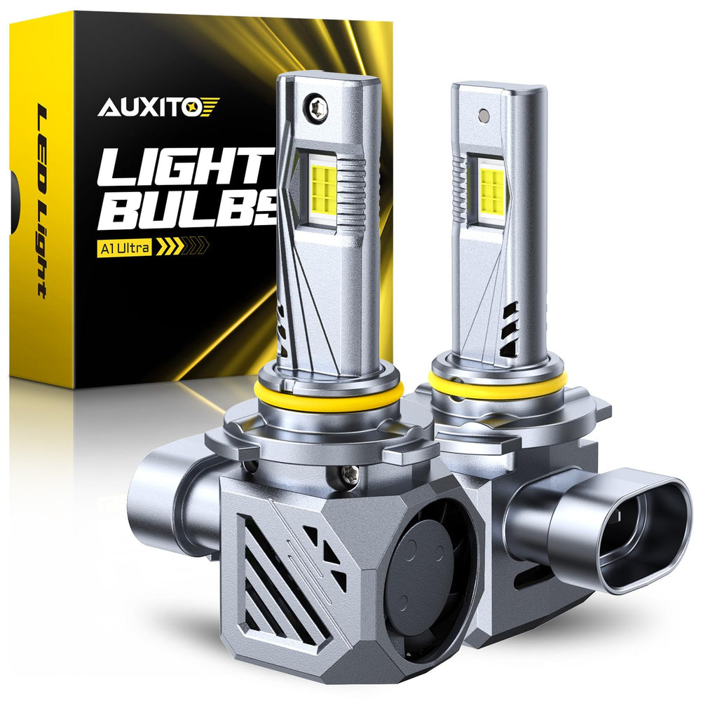 AUXITO HB3 LED bulbs front view with ultra-bright illumination for clearer night driving.