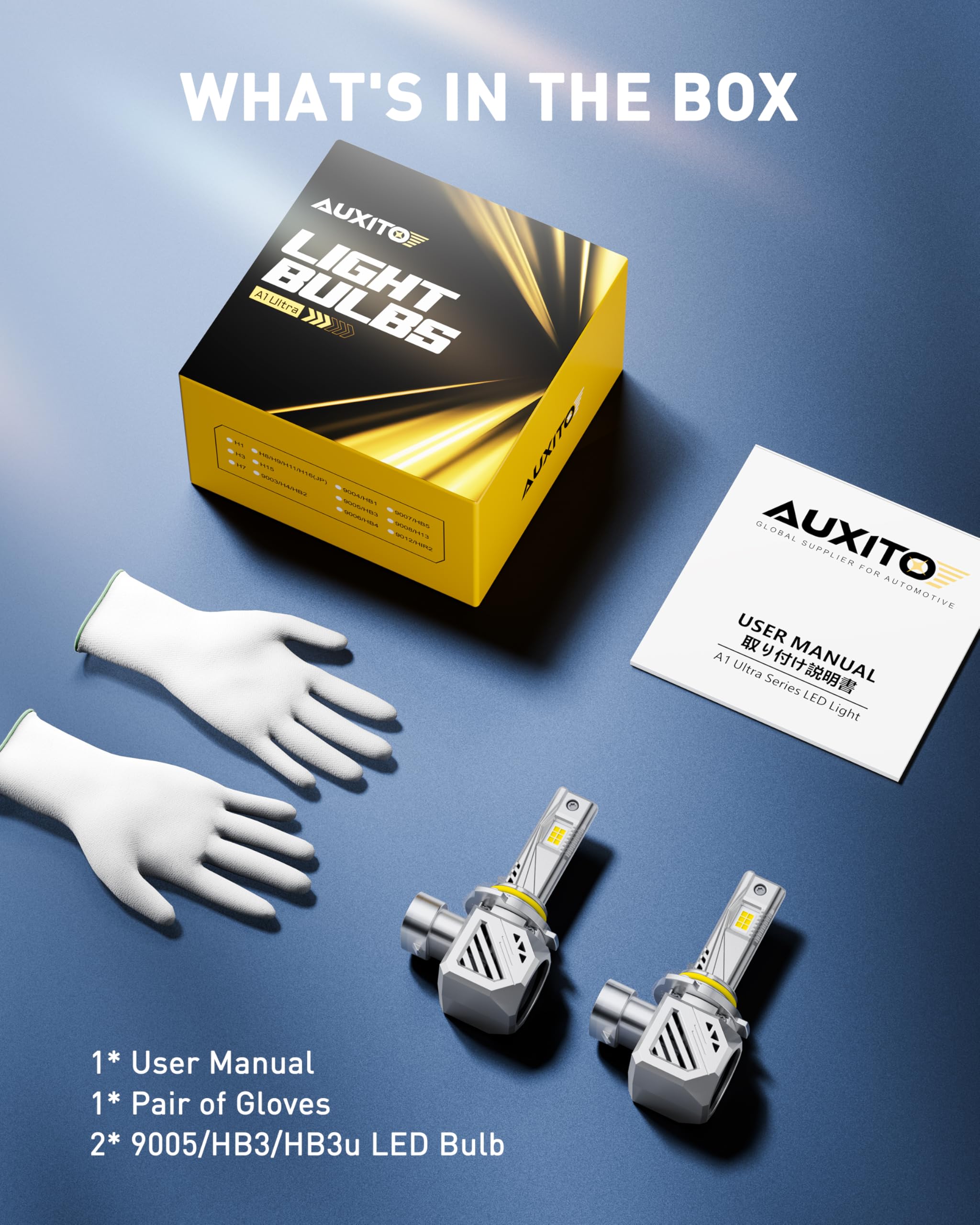 AUXITO HB3 LED bulbs pack two ready to install for quick upgrade.