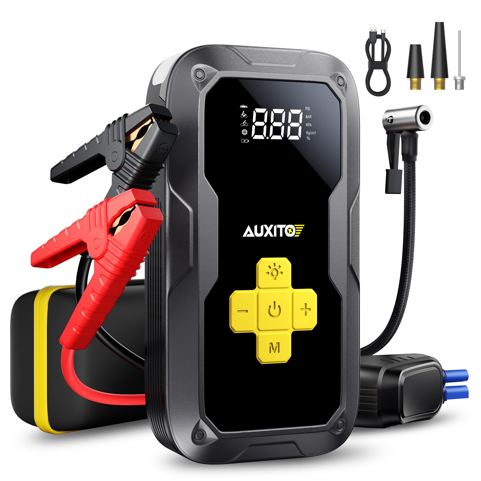 AUXITO jump starter with air compressor for car battery boosts and starts with confidence.