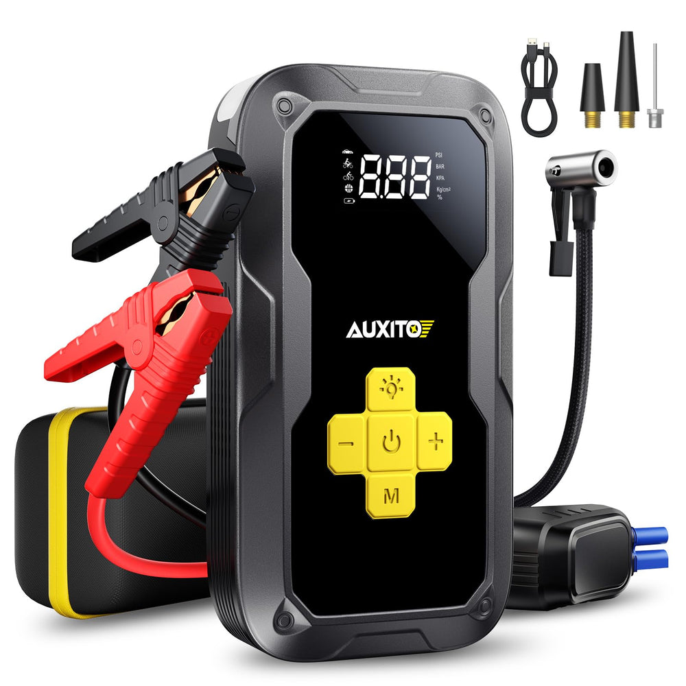 AUXITO jump starter with air compressor for car battery boosts and starts with confidence.